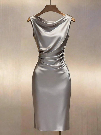 Women's Satin Cowl Neck Midi Dress, Ruched Silky Dress for Wedding Guest and Evening - Champagne