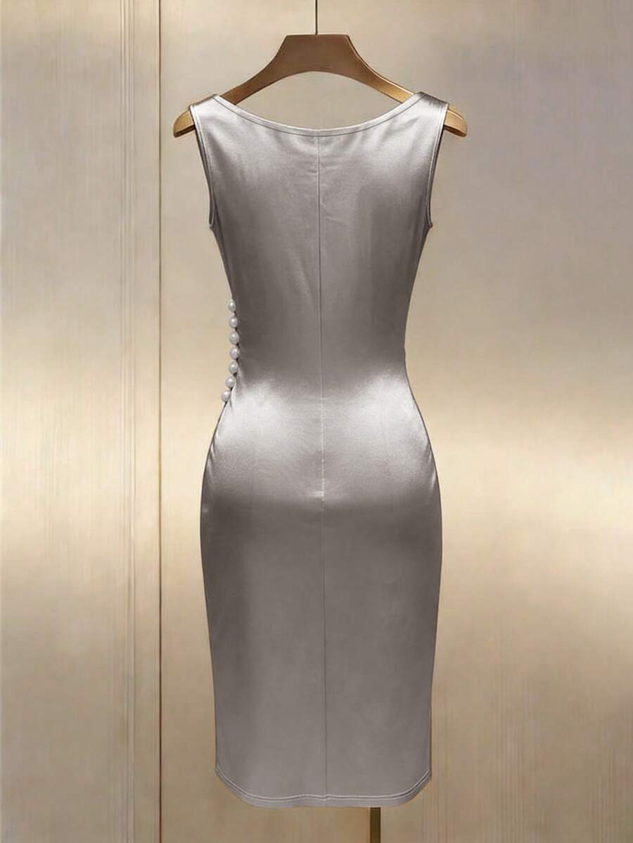 Women's Satin Cowl Neck Midi Dress, Ruched Silky Dress for Wedding Guest and Evening - Champagne