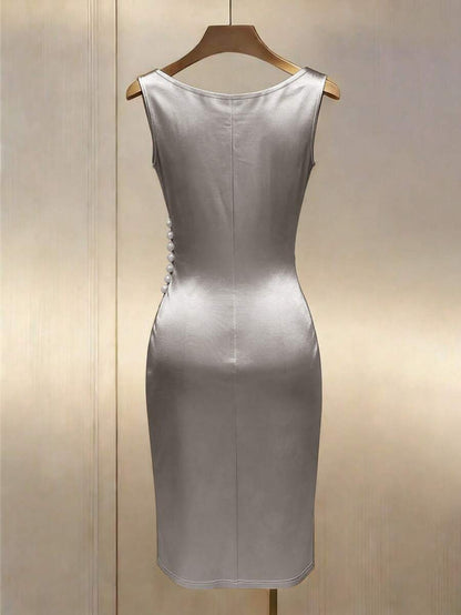 Women's Satin Cowl Neck Midi Dress, Ruched Silky Dress for Wedding Guest and Evening - Champagne