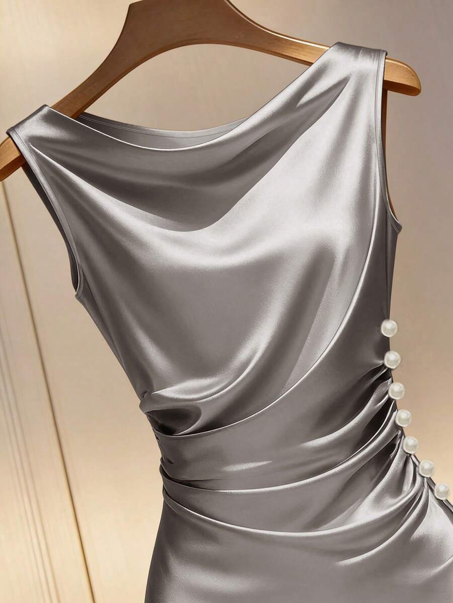 Women's Satin Cowl Neck Midi Dress, Ruched Silky Dress for Wedding Guest and Evening - Champagne