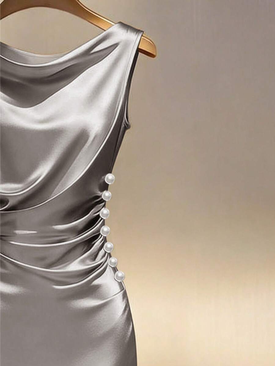 Women's Satin Cowl Neck Midi Dress, Ruched Silky Dress for Wedding Guest and Evening - Champagne