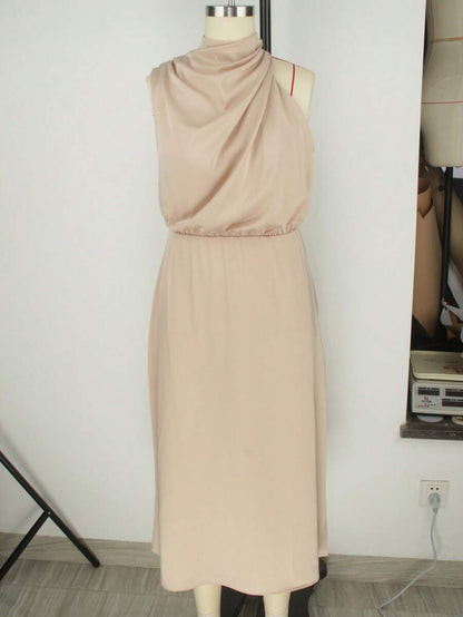 Women's Satin Cowl Neck Halter Midi Dress, Lined Silky Dress for Wedding Guest and Evening - Black