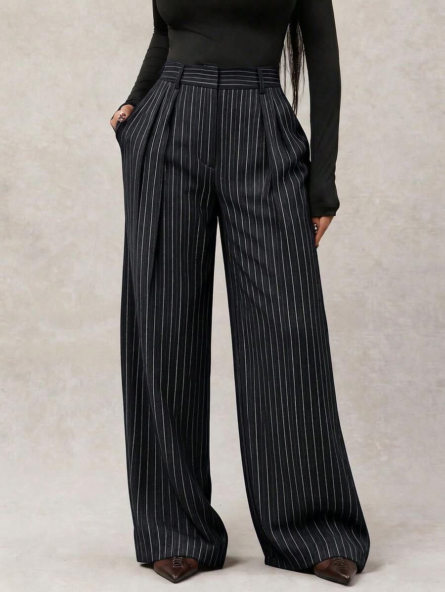Theodora High Waist Pleated Oversized Wide Leg Suit Trousers - Navy Pinstripe