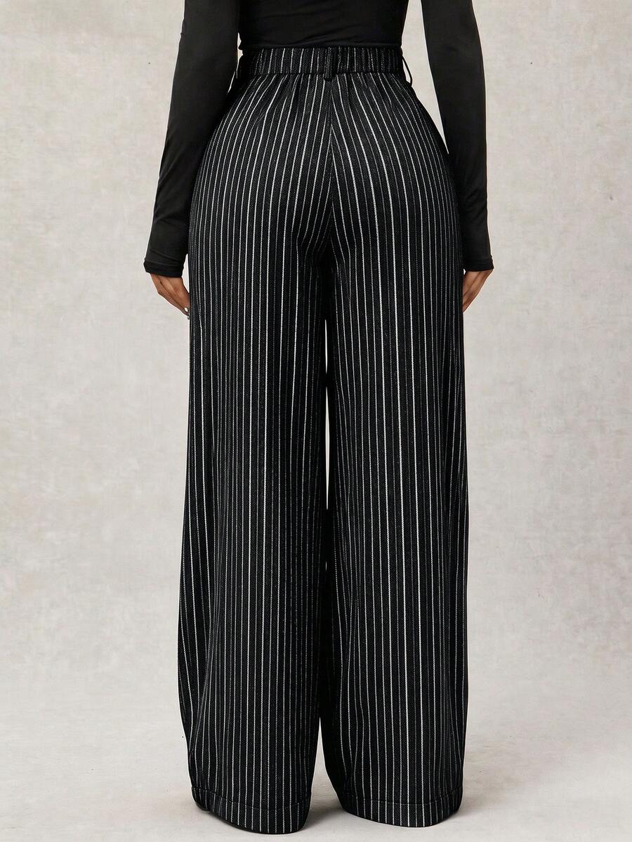 Theodora High Waist Pleated Oversized Wide Leg Suit Trousers - Navy Pinstripe