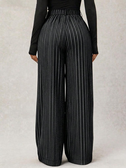 Theodora High Waist Pleated Oversized Wide Leg Suit Trousers - Navy Pinstripe