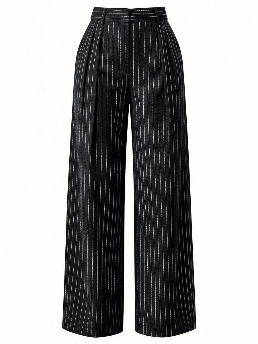 Theodora High Waist Pleated Oversized Wide Leg Suit Trousers - Navy Pinstripe