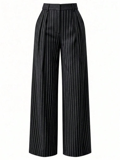 Theodora High Waist Pleated Oversized Wide Leg Suit Trousers - Navy Pinstripe