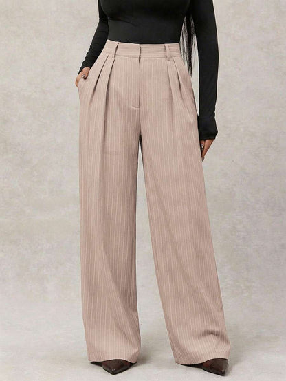 Theodora High Waist Pleated Oversized Wide Leg Suit Trousers - Taupe Pinstripe