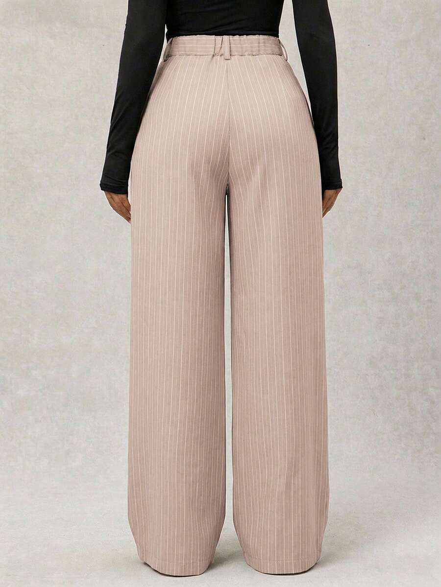 Theodora High Waist Pleated Oversized Wide Leg Suit Trousers - Taupe Pinstripe