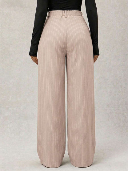 Theodora High Waist Pleated Oversized Wide Leg Suit Trousers - Taupe Pinstripe