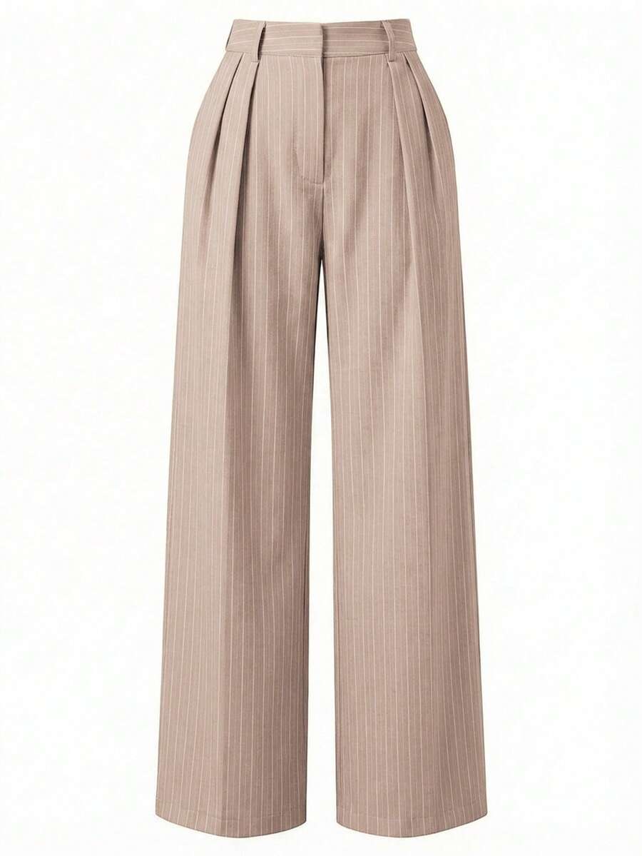 Theodora High Waist Pleated Oversized Wide Leg Suit Trousers - Taupe Pinstripe