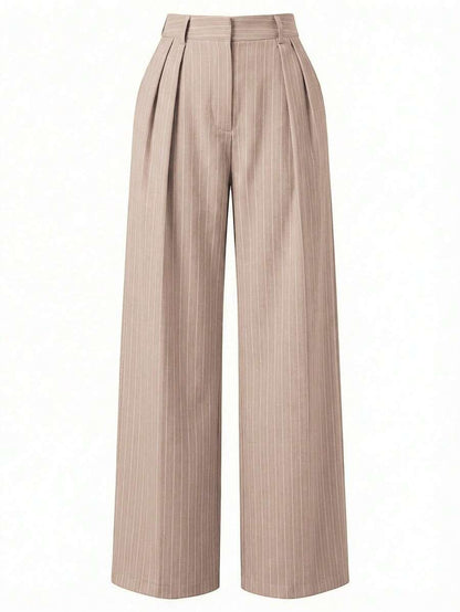 Theodora High Waist Pleated Oversized Wide Leg Suit Trousers - Taupe Pinstripe