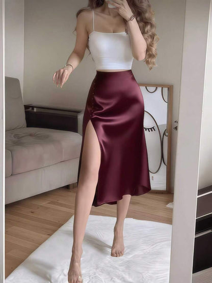 Women's Satin High Slit Midi Skirt, Silky Slip Skirt for Evening and Wedding Guest - Burgundy