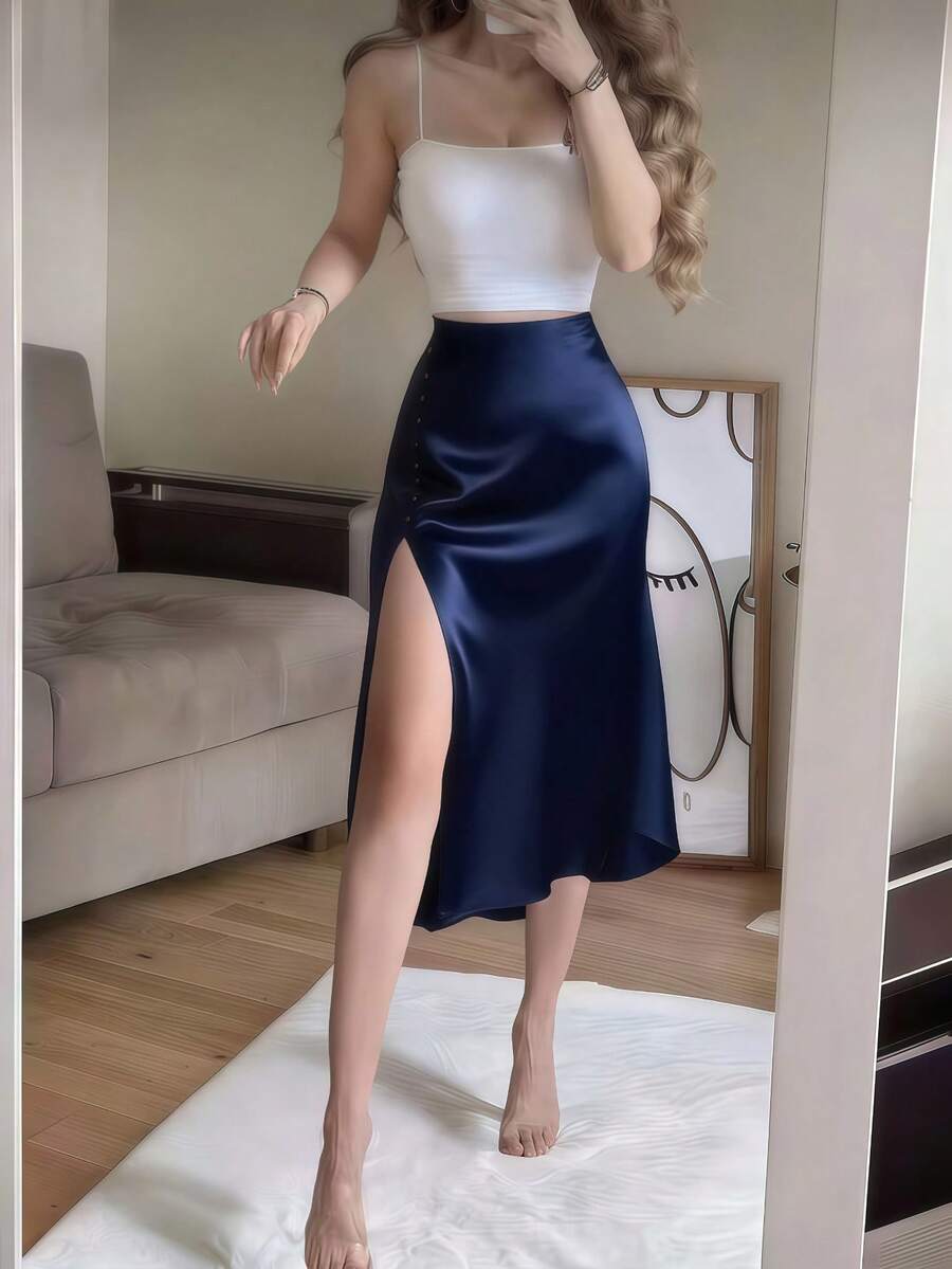Women's Satin High Slit Midi Skirt, Silky Slip Skirt for Evening and Wedding Guest - Coffee Brown