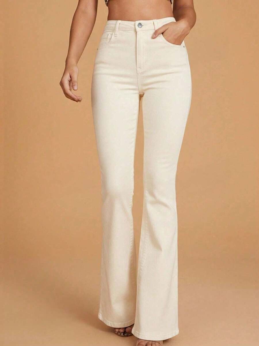 Annapolis High Waist Flare Leg Jeans with Pockets - Apricot