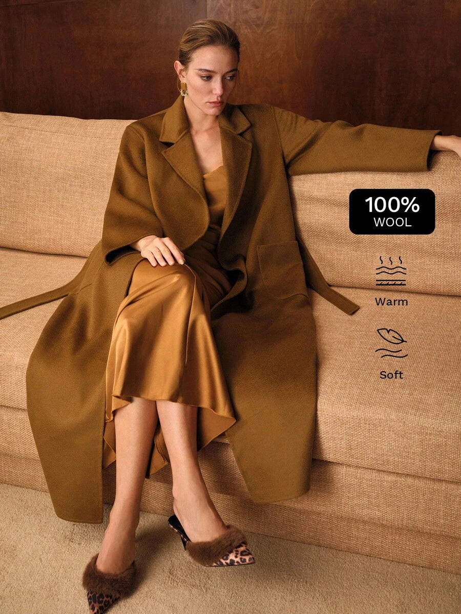 Amalie Pure Wool Single Button Belted Midi Overcoat - Camel