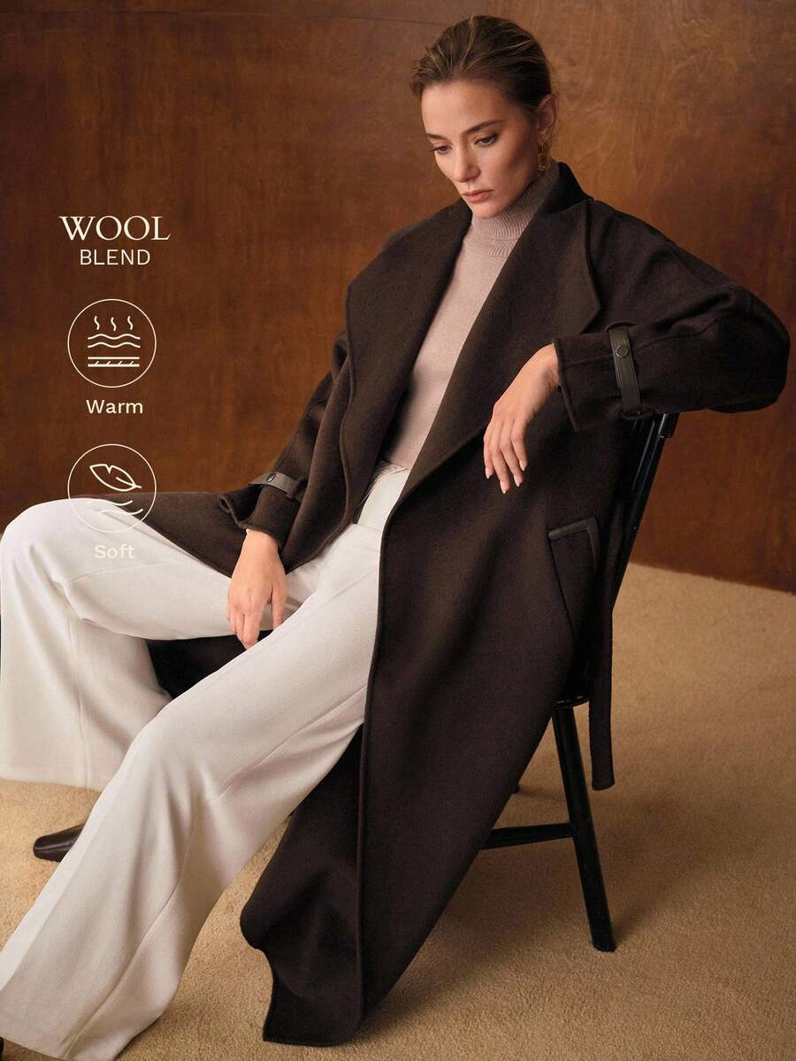 Ottavia Wool Blend Waterfall Lapel Belted Midi Coat with Slant Pockets - Coffee Brown