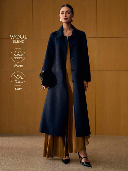 Esmeralda Wool Blend Collared Belted Midi Overcoat - Navy Blue