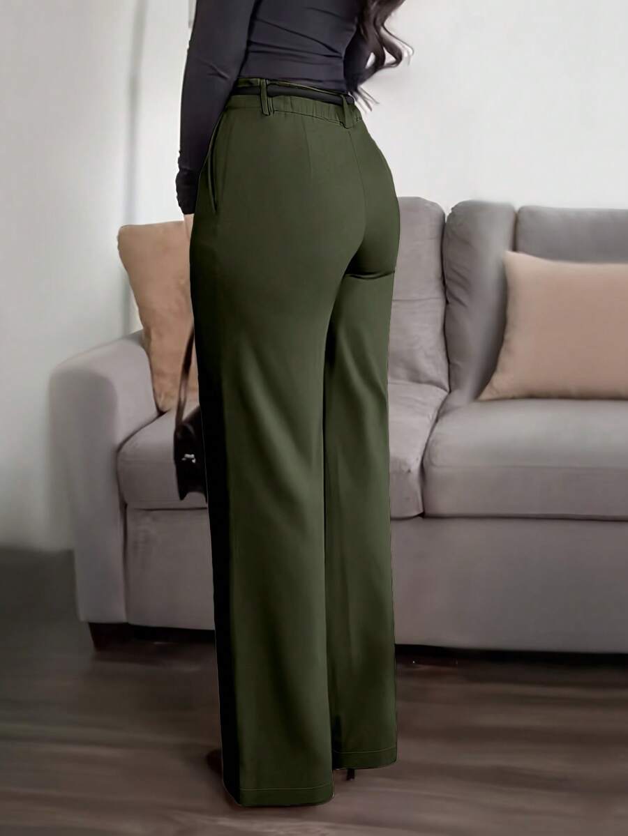 Honora High Waist Seamed Straight Leg Trousers - Army Green
