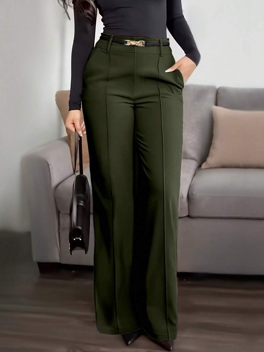 Honora High Waist Seamed Straight Leg Trousers - Army Green