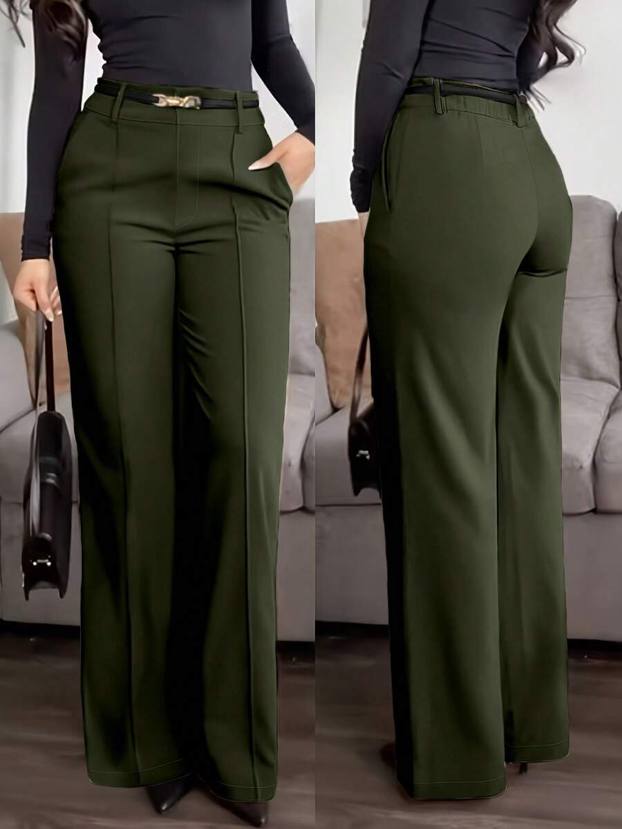 Honora High Waist Seamed Straight Leg Trousers - Army Green