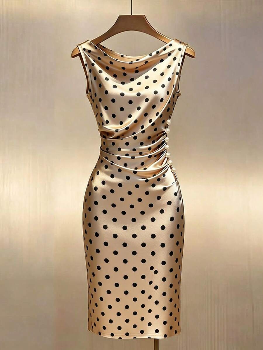 Women's Satin Cowl Neck Midi Dress, Ruched Silky Dress for Wedding Guest and Evening - Champagne