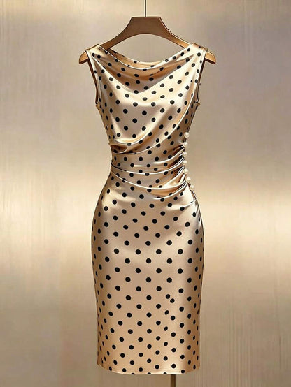 Women's Satin Cowl Neck Midi Dress, Ruched Silky Dress for Wedding Guest and Evening - Champagne