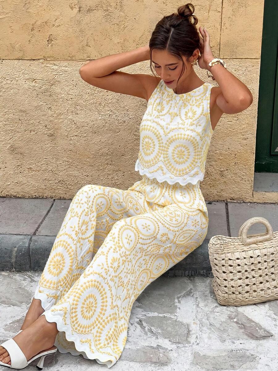 Serisse 2pcs/Set Women Contrast Color Allover Print Casual Sleeveless Top And Loose Fit Wide Leg Pants Summer Blue Vacation Holiday Resort Mensa