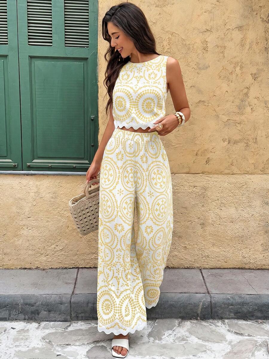 Serisse 2pcs/Set Women Contrast Color Allover Print Casual Sleeveless Top And Loose Fit Wide Leg Pants Summer Blue Vacation Holiday Resort Mensa