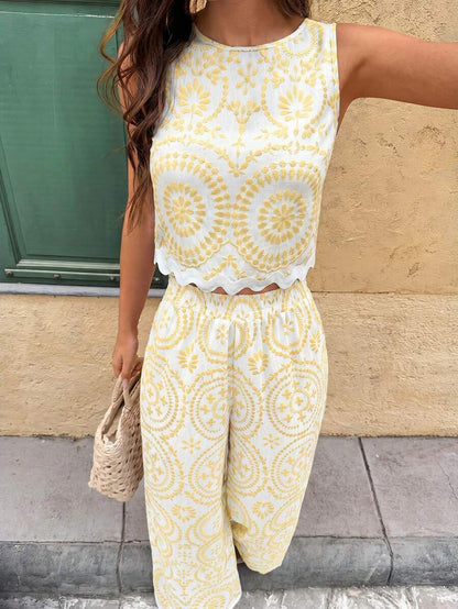 Serisse 2pcs/Set Women Contrast Color Allover Print Casual Sleeveless Top And Loose Fit Wide Leg Pants Summer Blue Vacation Holiday Resort Mensa