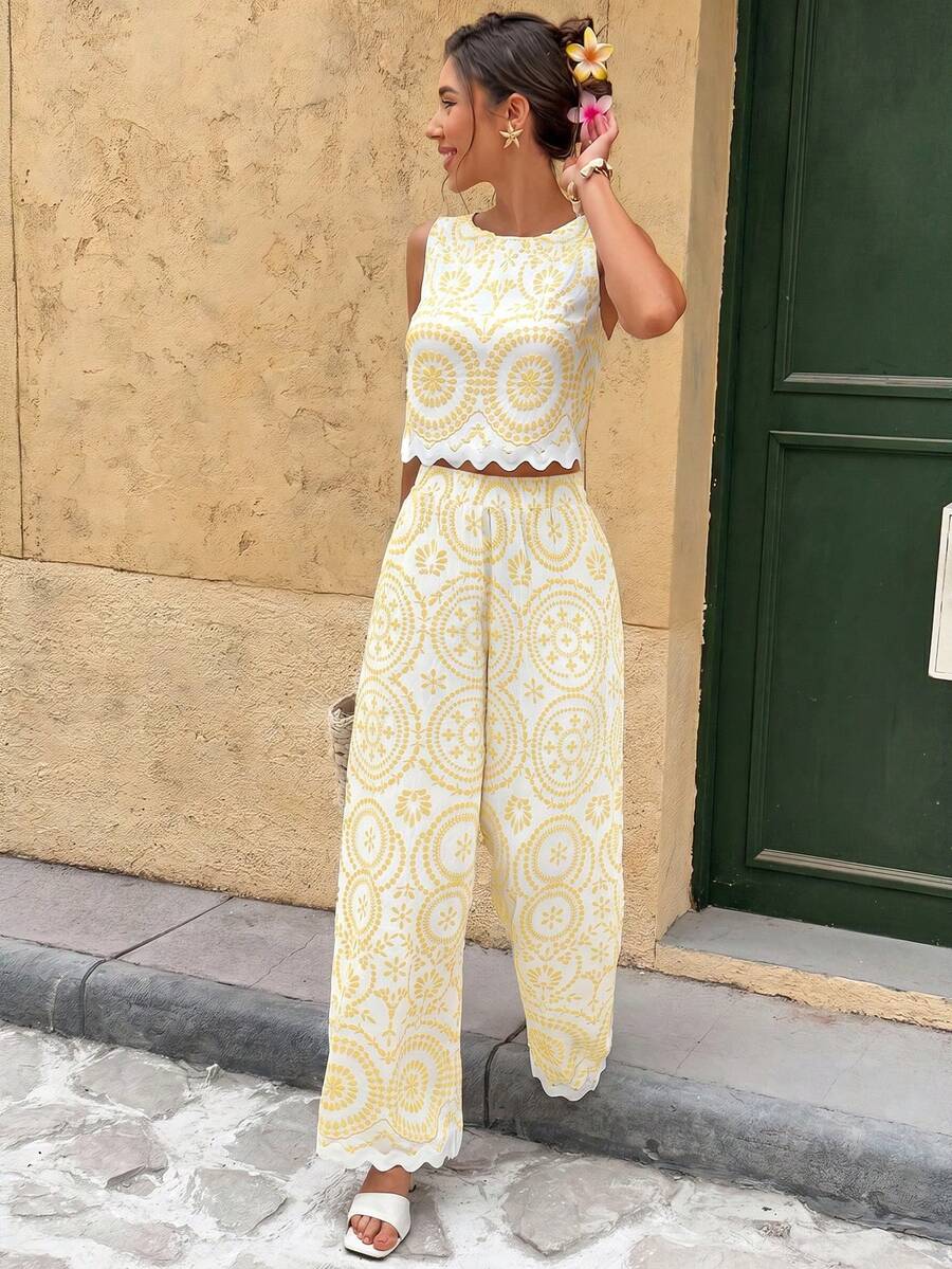 Serisse 2pcs/Set Women Contrast Color Allover Print Casual Sleeveless Top And Loose Fit Wide Leg Pants Summer Blue Vacation Holiday Resort Mensa