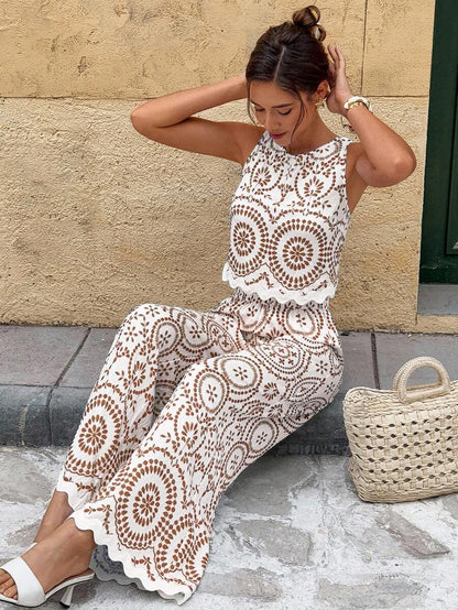 Serisse 2pcs/Set Women Contrast Color Allover Print Casual Sleeveless Top And Loose Fit Wide Leg Pants Summer Blue Vacation Holiday Resort Mensa