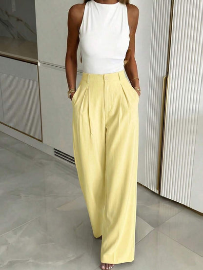 Women's Buckle Waist Wide Leg Trousers, Tailored Dress Pants for Work Office - Dark Brown