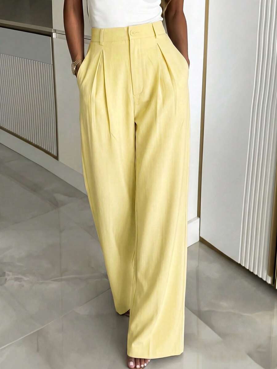 Women's Buckle Waist Wide Leg Trousers, Tailored Dress Pants for Work Office - Black