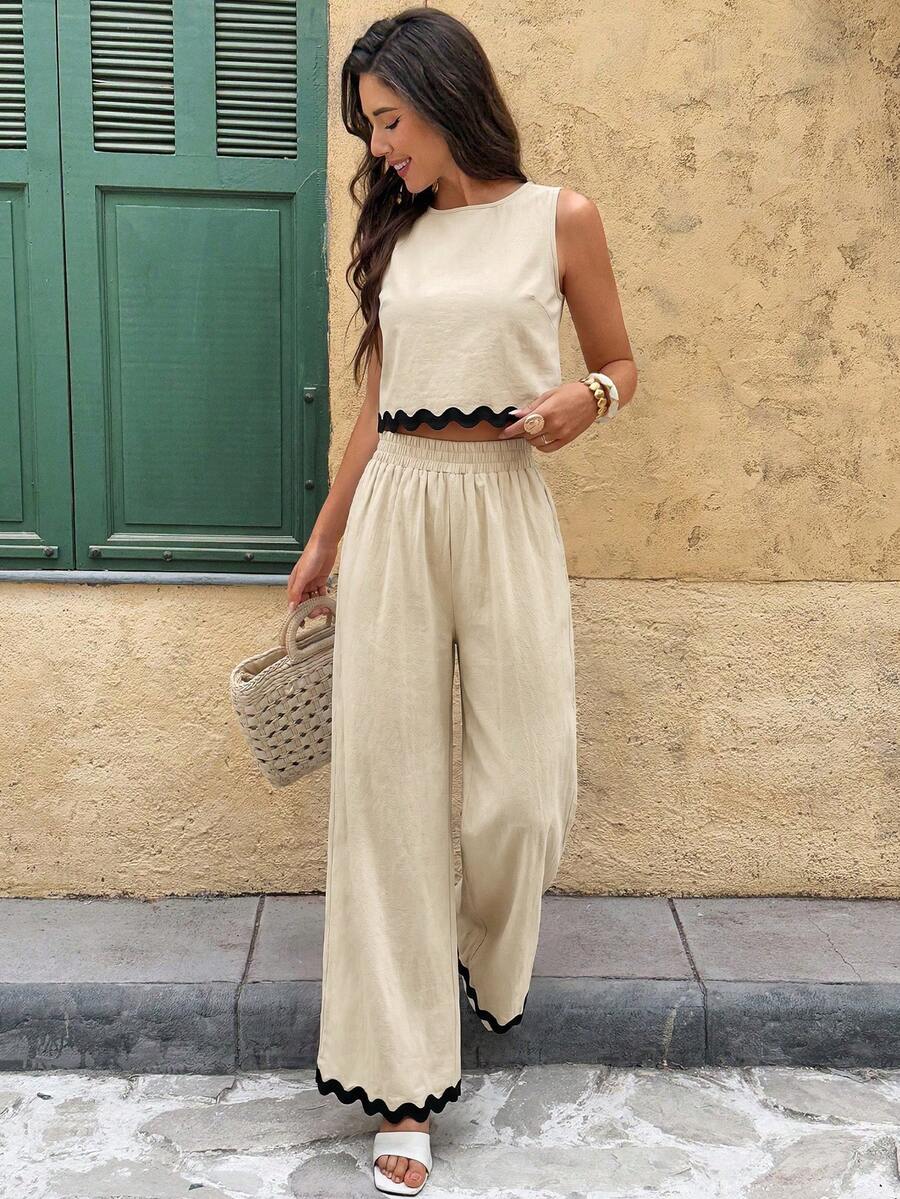 Serisse 2pcs/Set Women Contrast Color Allover Print Casual Sleeveless Top And Loose Fit Wide Leg Pants Summer Blue Vacation Holiday Resort Mensa