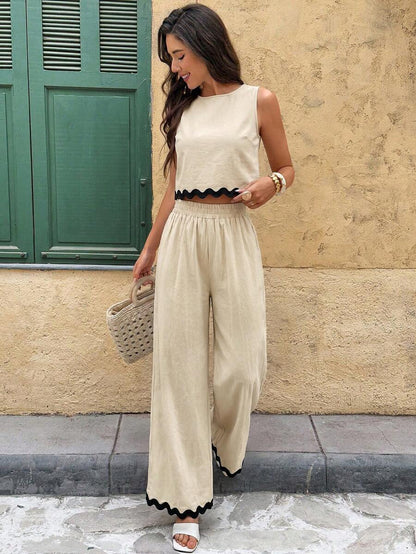 Serisse 2pcs/Set Women Contrast Color Allover Print Casual Sleeveless Top And Loose Fit Wide Leg Pants Summer Blue Vacation Holiday Resort Mensa