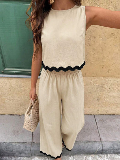 Serisse 2pcs/Set Women Contrast Color Allover Print Casual Sleeveless Top And Loose Fit Wide Leg Pants Summer Blue Vacation Holiday Resort Mensa