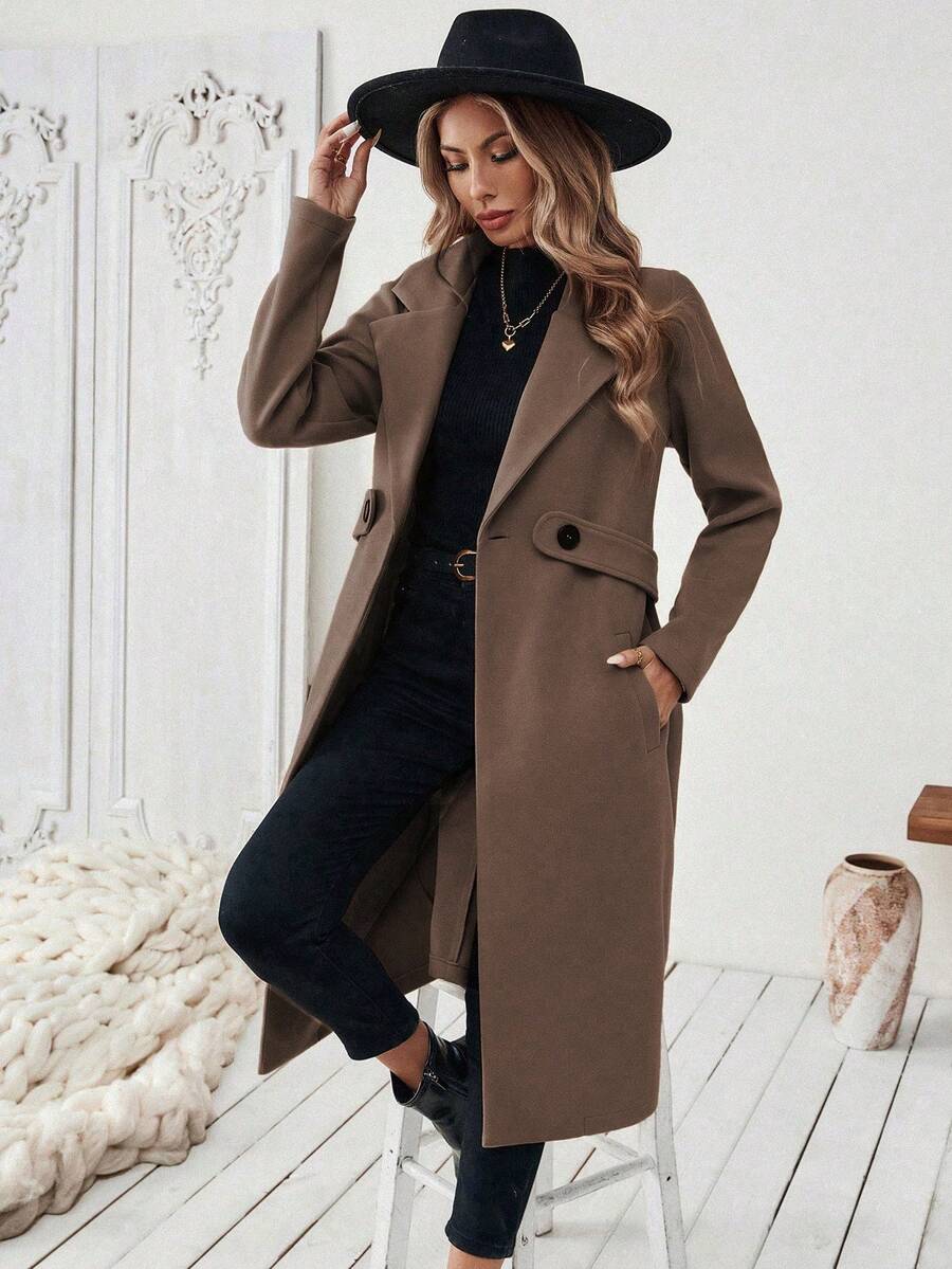Leocadia Notched Lapel Double-Breasted Tailored Overcoat - Burgundy