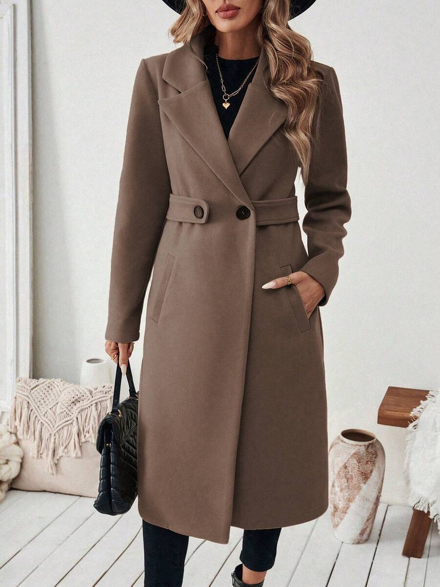 Leocadia Notched Lapel Double-Breasted Tailored Overcoat - Coffee Brown