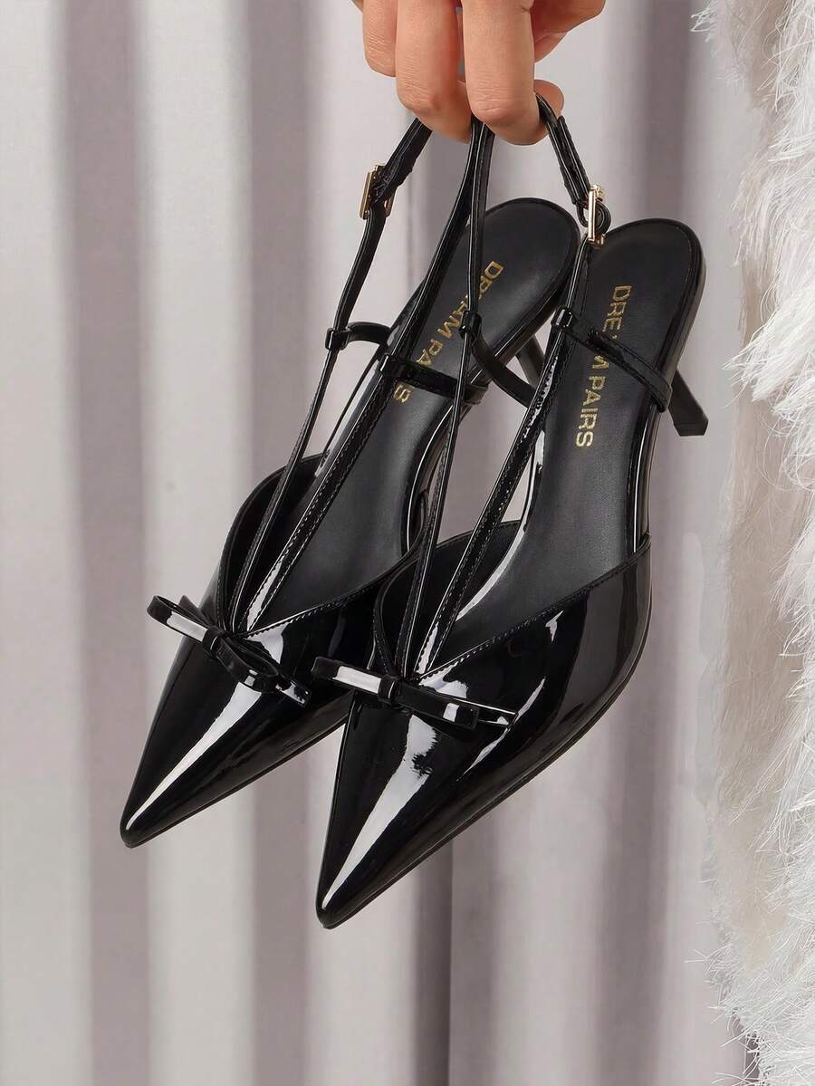Women's Pointed Toe Slingback Kitten Heel Pumps, 2.36 Inch Buckle Strap Dress Shoes for Work and Wedding Guest - Black