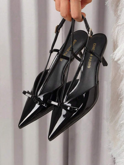 Women's Pointed Toe Slingback Kitten Heel Pumps, 2.36 Inch Buckle Strap Dress Shoes for Work and Wedding Guest - Black