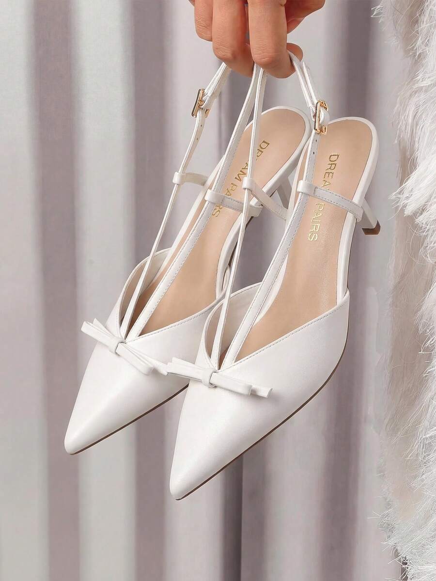 Women's Pointed Toe Slingback Kitten Heel Pumps, 2.36 Inch Buckle Strap Dress Shoes for Work and Wedding Guest - White