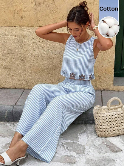 Serisse 2pcs/Set Women Contrast Color Allover Print Casual Sleeveless Top And Loose Fit Wide Leg Pants Summer Blue Vacation Holiday Resort Mensa
