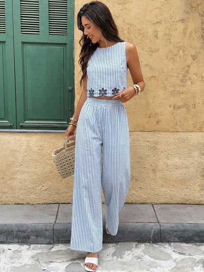 Serisse 2pcs/Set Women Contrast Color Allover Print Casual Sleeveless Top And Loose Fit Wide Leg Pants Summer Blue Vacation Holiday Resort Mensa
