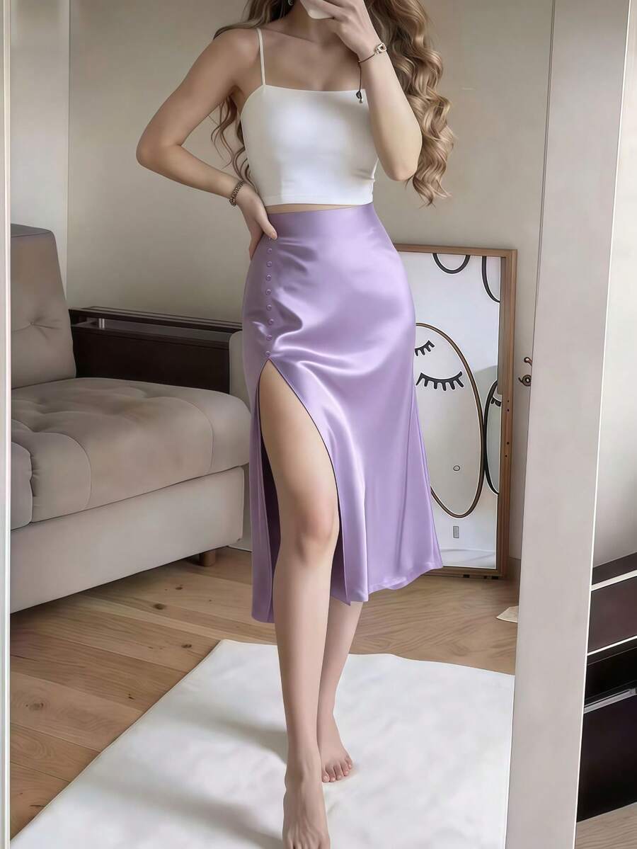 Women's Satin High Slit Midi Skirt, Silky Slip Skirt for Evening and Wedding Guest - Coffee Brown