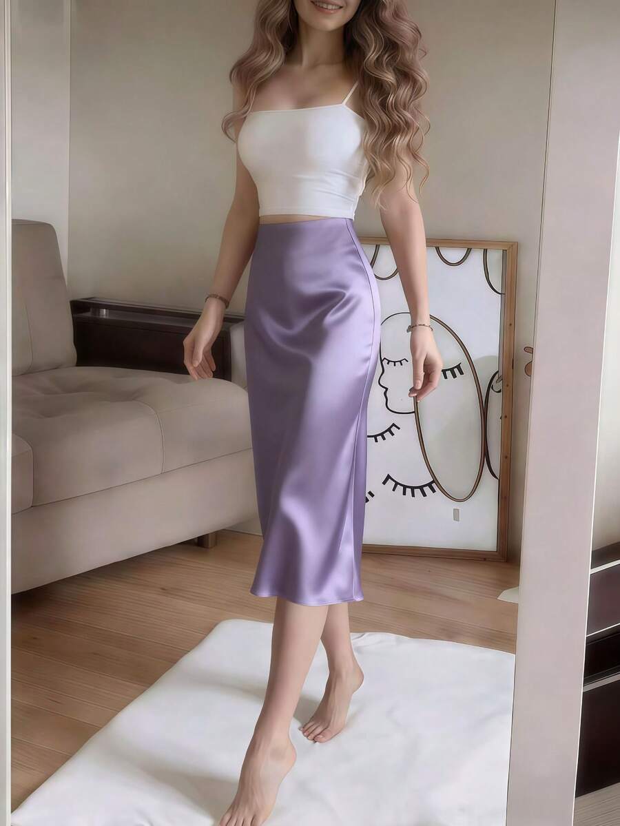 Women's Satin High Slit Midi Skirt, Silky Slip Skirt for Evening and Wedding Guest - Coffee Brown