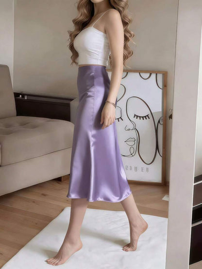 Women's Satin High Slit Midi Skirt, Silky Slip Skirt for Evening and Wedding Guest - Coffee Brown
