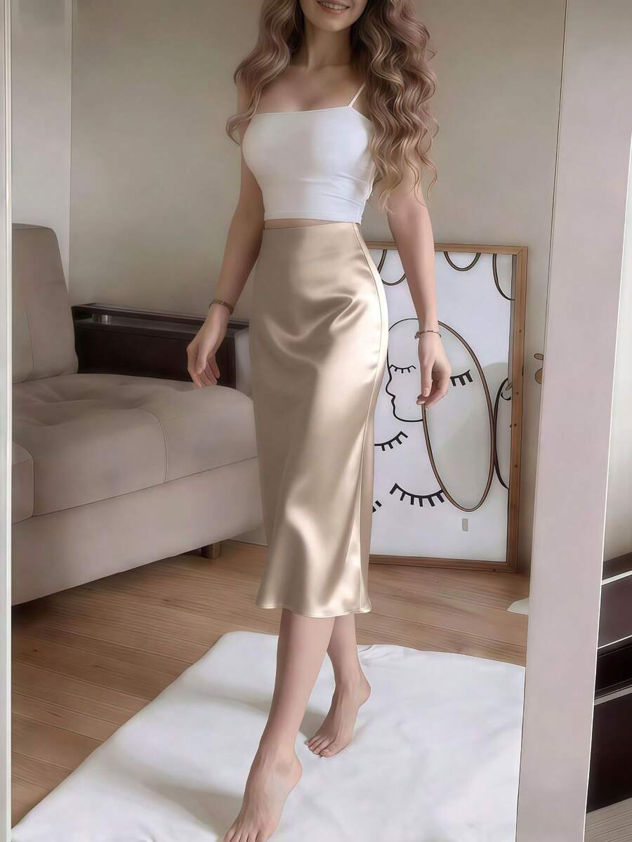 Women's Satin High Slit Midi Skirt, Silky Slip Skirt for Evening and Wedding Guest - Coffee Brown