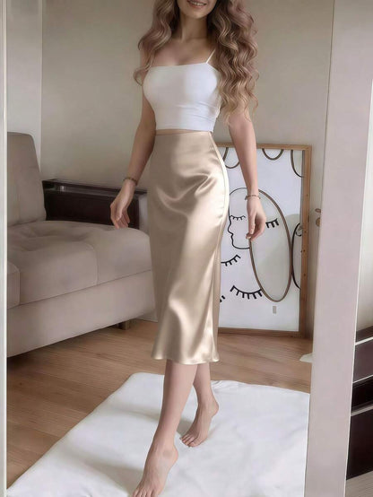 Women's Satin High Slit Midi Skirt, Silky Slip Skirt for Evening and Wedding Guest - Coffee Brown