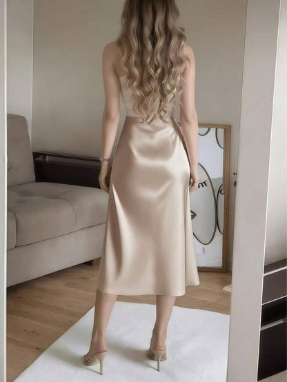 Women's Satin High Slit Midi Skirt, Silky Slip Skirt for Evening and Wedding Guest - Coffee Brown